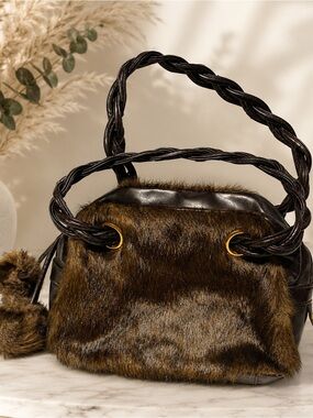 Tianni Faux Fur & Faux Leather Shoulder Bag Brown Braided Handle Pom Pom Purse